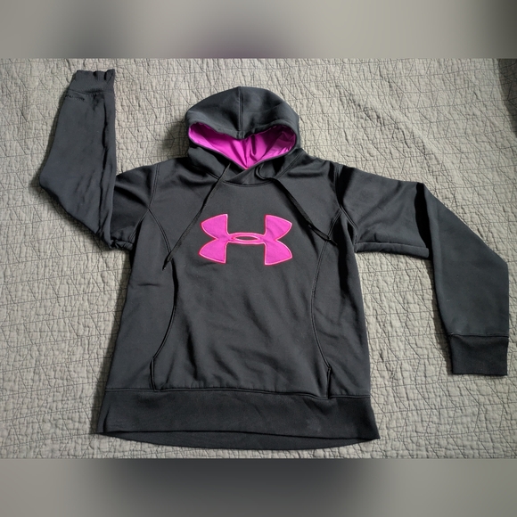 Under Armour Cold Gear Black Pink Hoodie Semi Fitted Large Storm Sweatshirt - Picture 1 of 7